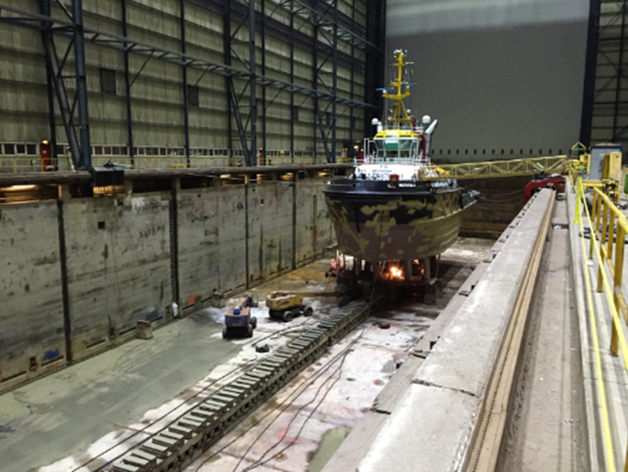 LED lighting industry | view boat side shipbuilding hall with controlled lighting Damen Shipyards DSV